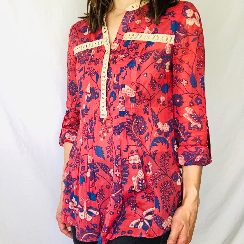 Anthropologie Maeve Abella peachy pink blue paisley peplum top size XS
